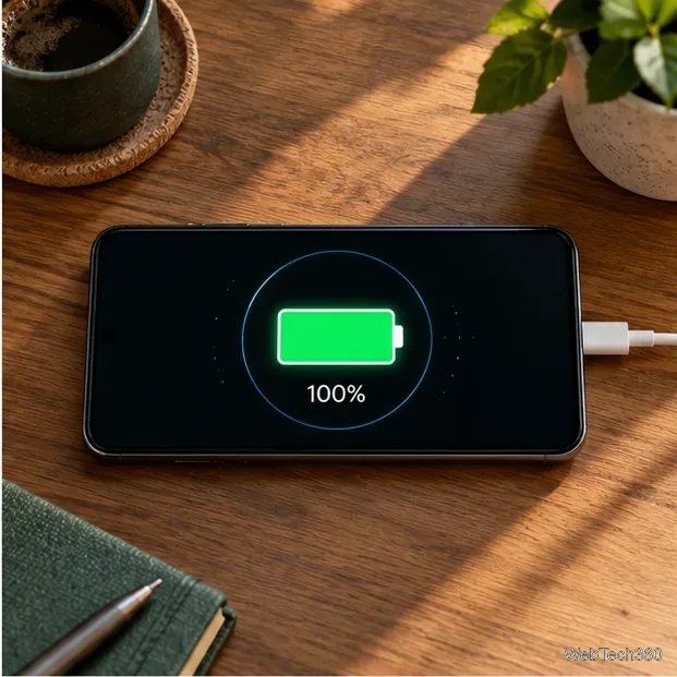 Um telefone sobre uma mesa enquanto carrega, com o ícone de bateria cheia e 100% exibido.