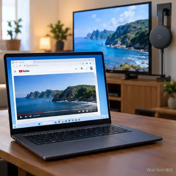 Un ordinateur portable diffuse une vidéo à côté d'un téléviseur et d'un appareil de streaming noir connecté.