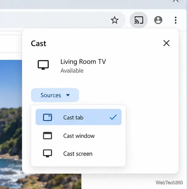 Panneau Chromecast affichant un téléviseur du salon et les options de source, notamment l'onglet Cast et l'écran de diffusion.