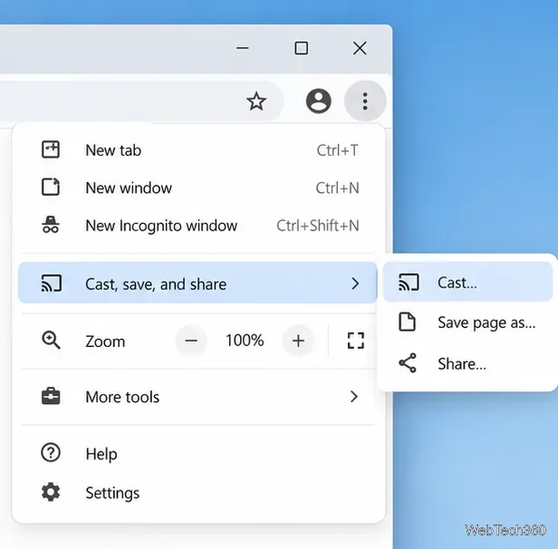 Menu du navigateur Chrome avec les options Diffuser, Enregistrer et Partager développées et Diffuser sélectionnée