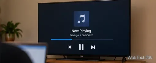 Télévision affichant une note de musique et des commandes de lecture audio, avec un ordinateur flou au premier plan.