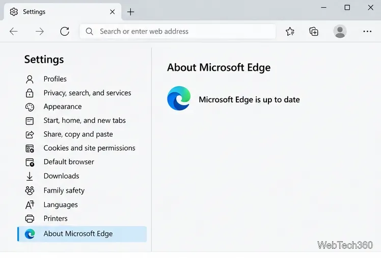 Strona ustawień przeglądarki Microsoft Edge zawierająca informacje o przeglądarce Microsoft Edge i aktualny stan