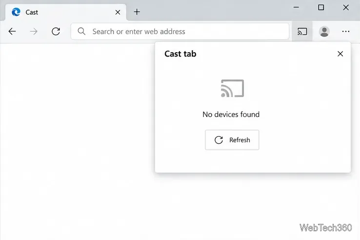 Panel Edge Cast wyświetlający komunikat „Nie znaleziono urządzeń” z przyciskiem Odśwież
