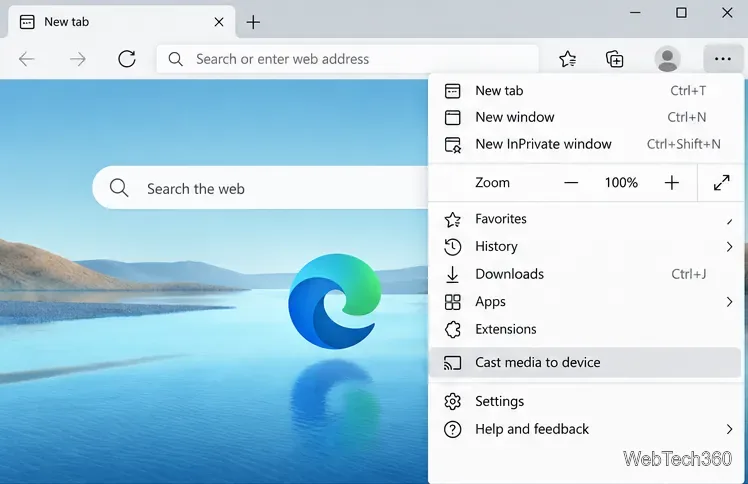 Ustawienia i więcej menu Microsoft Edge z wyróżnioną opcją Przesyłaj multimedia do urządzenia