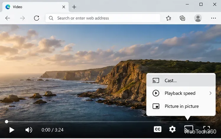 Opcja przesyłania w menu kontekstowym odtwarzacza wideo w przeglądarce Microsoft Edge
