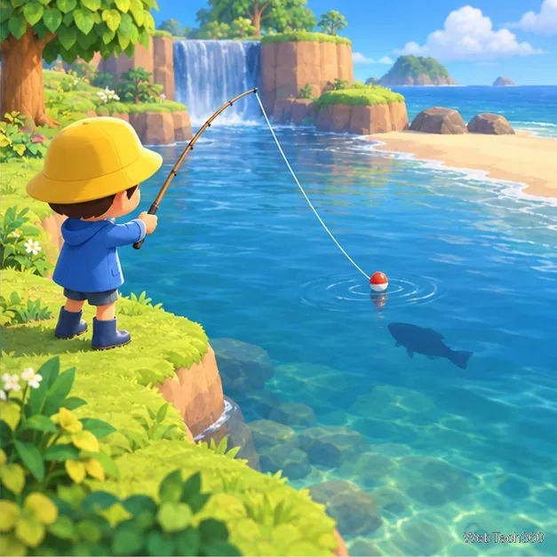 Linha de pesca e bóia vermelha e branca pousando logo à frente da sombra de um peixe em águas claras.
