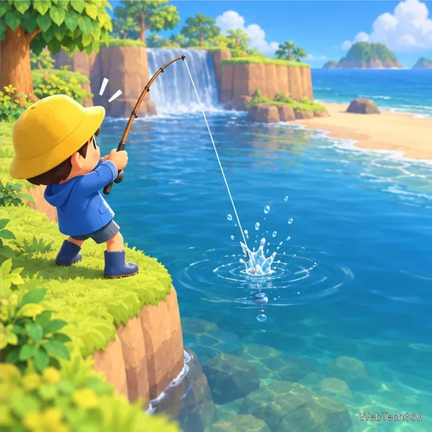 A bóia fica totalmente submersa, fazendo um respingo quando o jogador puxa a vara de pesca para cima.