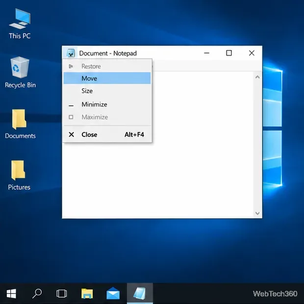 Meniul clasic al ferestrei Windows este deschis cu opțiunea Mutare selectată.
