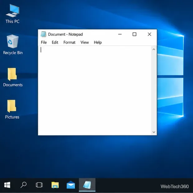 O fereastră Notepad restaurată se află în mijlocul desktopului Windows 10, cu spațiu similar pe ambele părți.