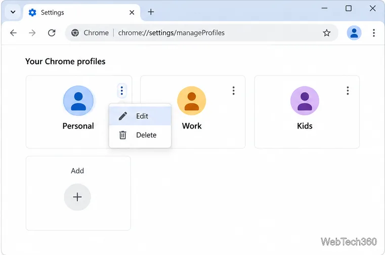 Chrome profile manager with the More menu open and Edit highlighted on the Personal profile card