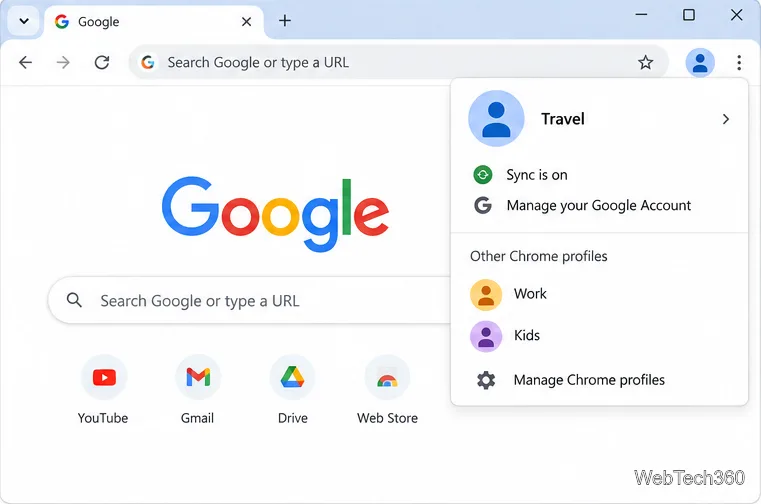 Chrome profile menu showing Travel as the renamed profile