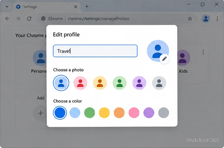 Chrome’s Edit profile dialog with the name field changed to Travel and photo and color choices below it