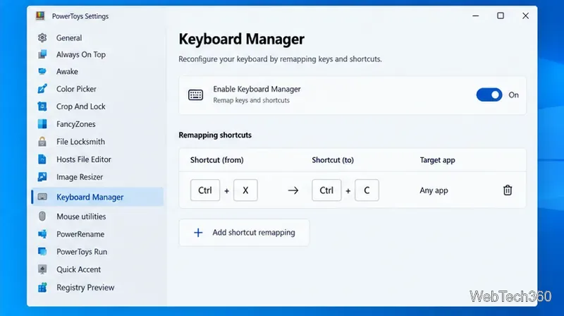 Lista de remapare PowerToys Keyboard Manager cu un control de ștergere lângă maparea Ctrl plus X la Ctrl plus C