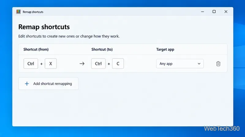 Lista de scurtături PowerToys Remap care arată Ctrl plus X mapate la Ctrl plus C pentru orice aplicație