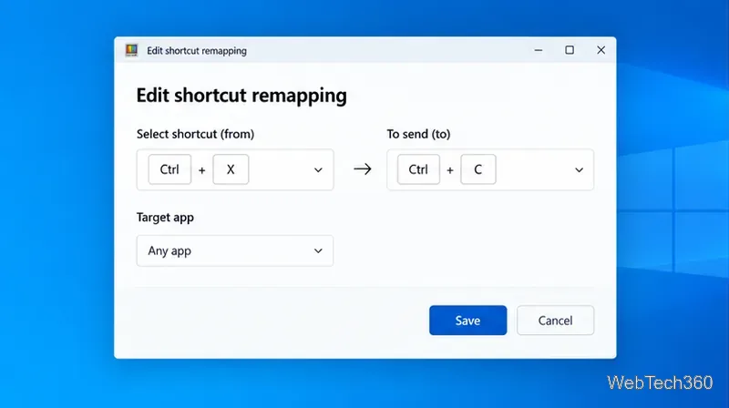 Caseta de dialog pentru remaparea comenzilor rapide de editare PowerToys care afișează Ctrl plus X mapate la Ctrl plus C, cu Orice aplicație selectată