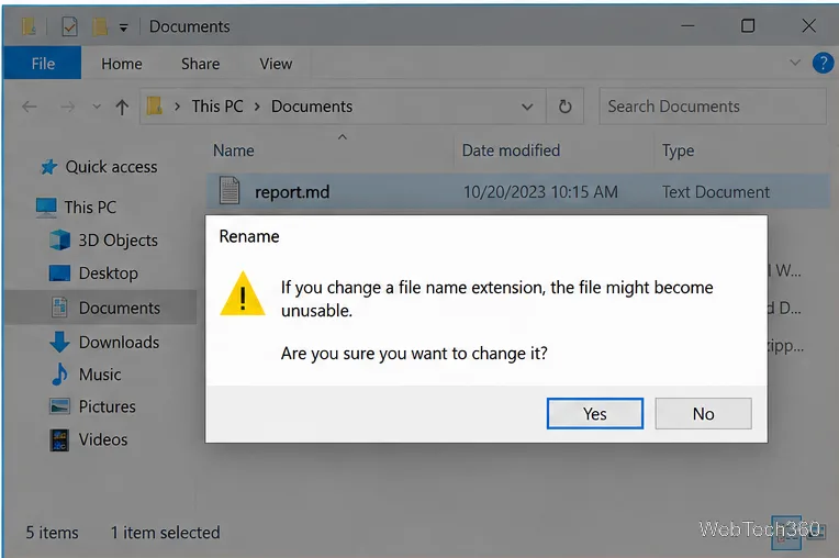 В Windows 10 появляется предупреждение с вопросом, следует ли подтвердить изменение расширения имени файла.