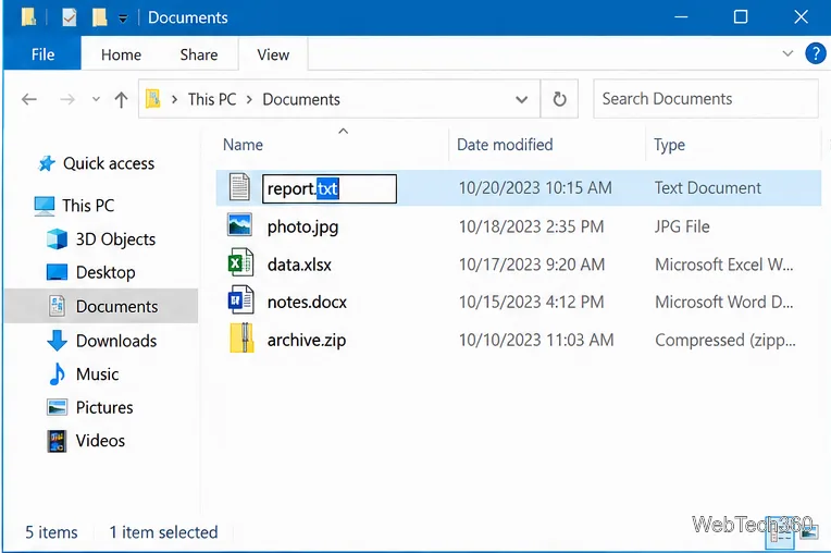 В проводнике Windows 10 файл report.txt переименовывается, при этом выбирается расширение txt.