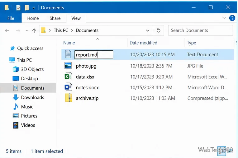 В проводнике Windows 10 файл report.txt переименован в report.md.