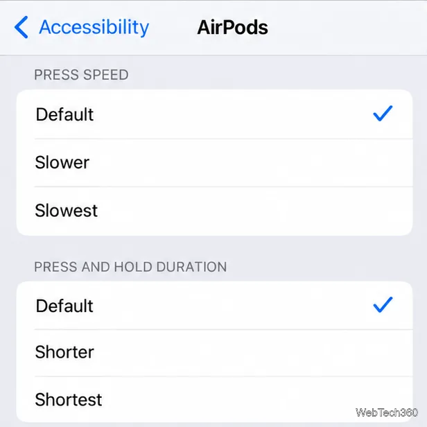 押し速度と長押し時間を選択できるAirPodsのアクセシビリティ画面