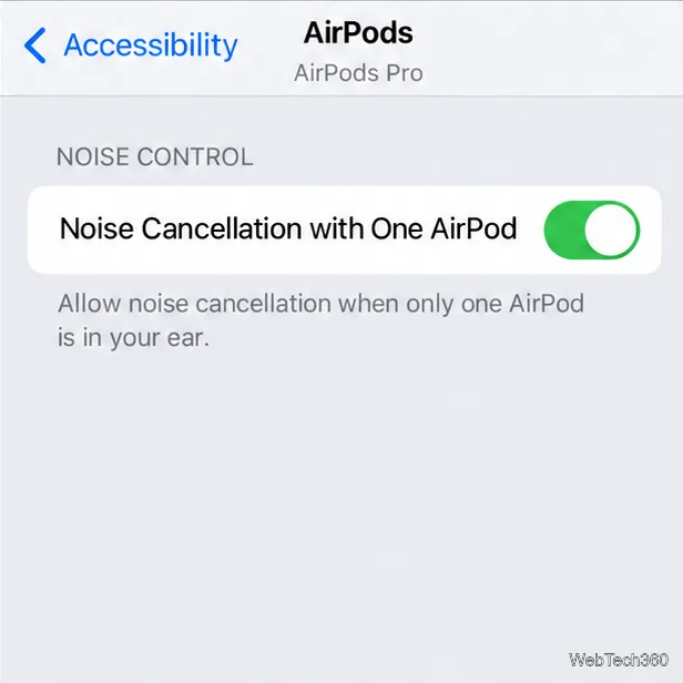 ノイズキャンセリングを有効にしたAirPods Proのアクセシビリティ設定(片方のAirPodがオンになっている状態)