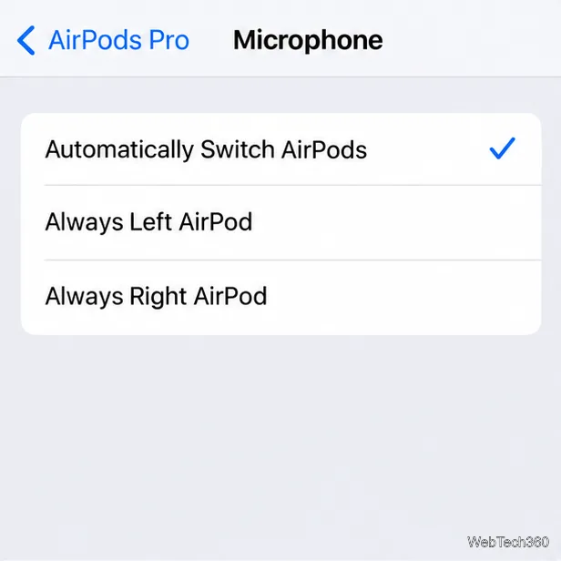 AirPodsのマイクメニュー(自動、左、右マイク選択機能付き)