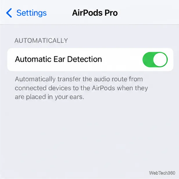 自動耳検出がオンになっているAirPodsの設定画面