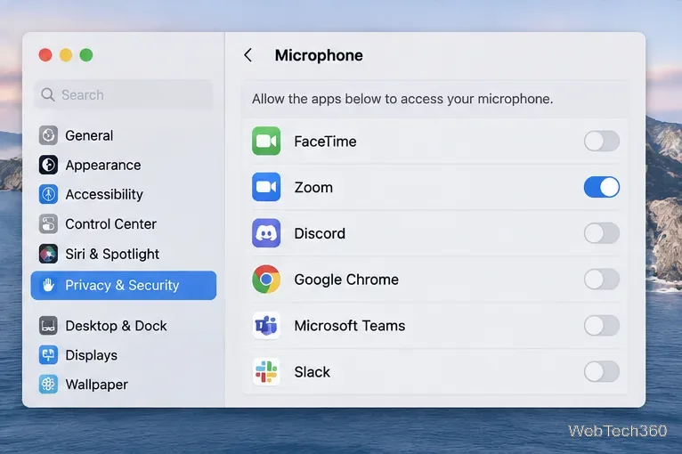 Die Liste der Mikrofoneinstellungen unter „Datenschutz und Sicherheit“ umfasst FaceTime, Zoom, Discord, Chrome, Microsoft Teams und Slack, wobei der Mikrofonzugriff für Zoom aktiviert ist.