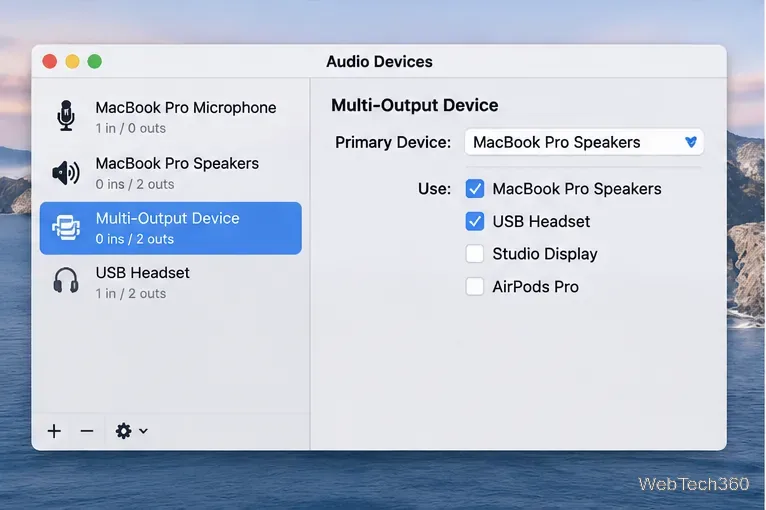 Im Audio-MIDI-Setup wird ein Multi-Output-Gerät angezeigt, wobei in der Spalte „Verwenden“ die MacBook Pro-Lautsprecher und das USB-Headset ausgewählt sind.