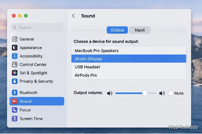 In der Ausgabeliste der Toneinstellungen ist Studio Display ausgewählt; MacBook Pro Speakers, USB Headset und AirPods Pro stehen ebenfalls zur Verfügung.