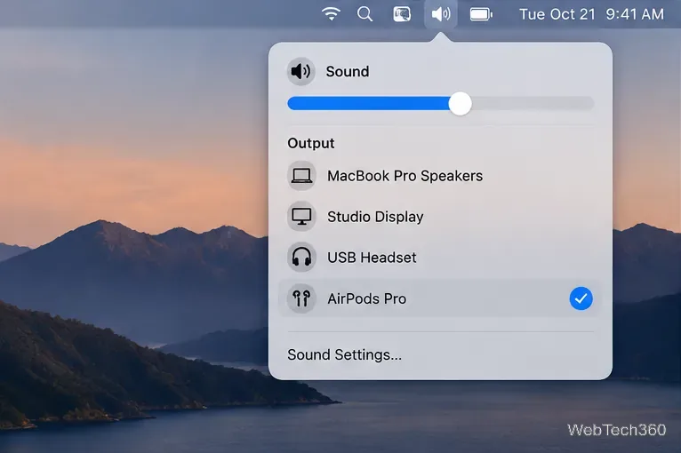 Im macOS Control Center werden unter „Ton“ MacBook Pro Speakers, Studio Display, USB Headset und AirPods Pro aufgelistet, wobei AirPods Pro ausgewählt sind.