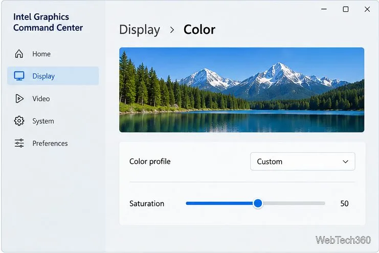 Página de exibição e cores do Intel Graphics Command Center mostrando um perfil personalizado e um controle deslizante de saturação.