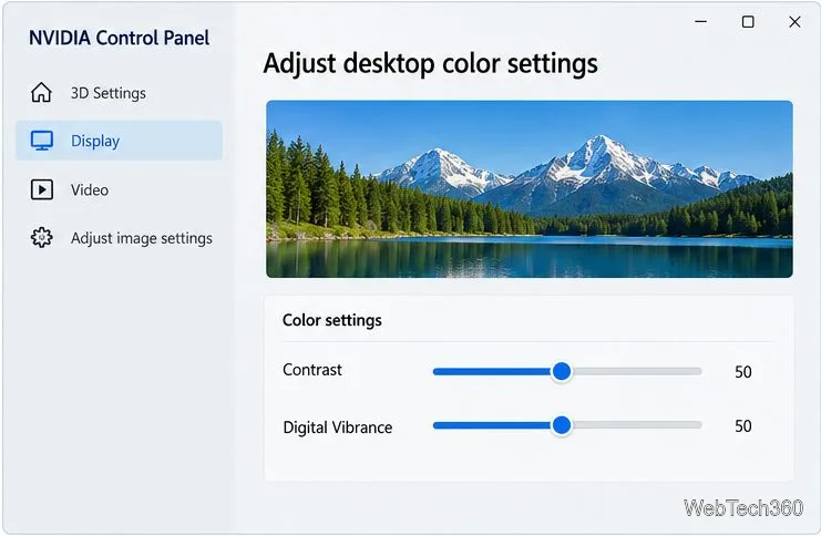 Painel de Controle da NVIDIA: Ajuste as configurações de cores da área de trabalho com os controles deslizantes de Contraste e Vibração Digital.