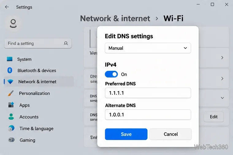 Caseta de dialog Editare setări DNS din Windows 11 cu intrări DNS manuale IPv4