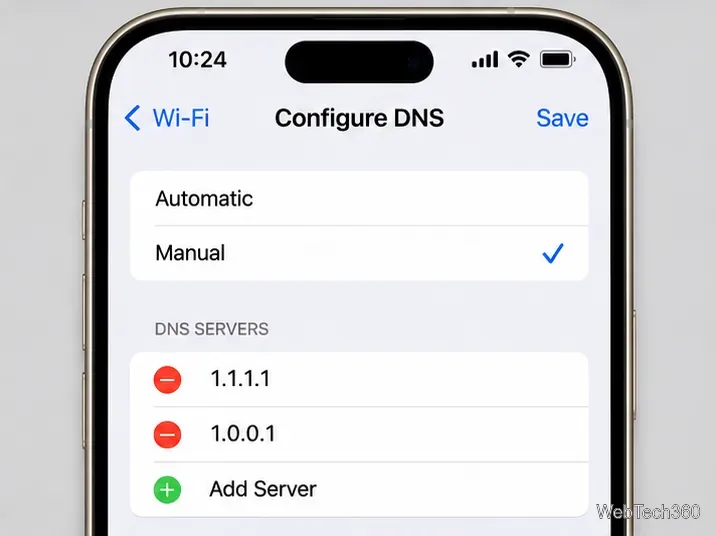 Ecranul de configurare DNS al iPhone-ului cu Manual selectat și 1.1.1.1 plus 1.0.0.1