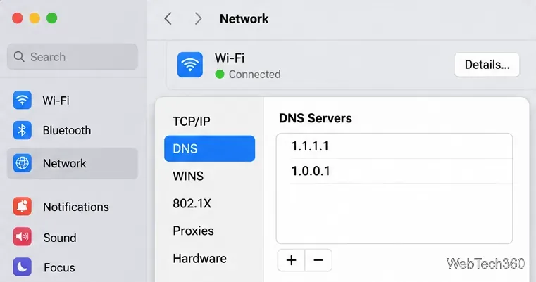 Lista serverelor DNS de rețea Mac care afișează versiunile 1.1.1.1 și 1.0.0.1