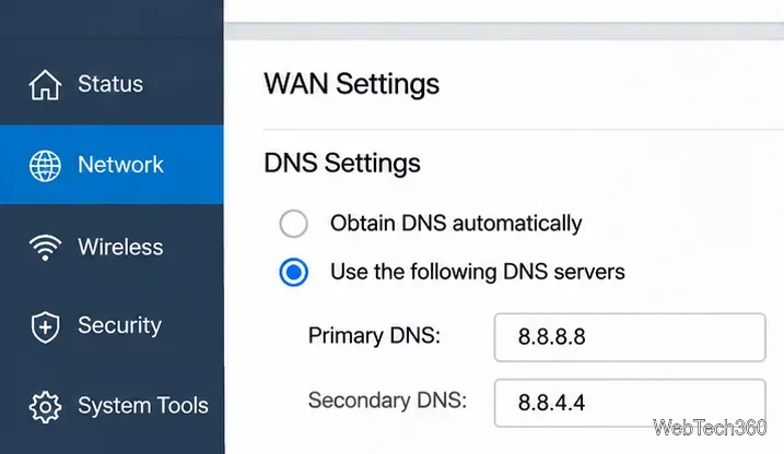 Câmpurile DNS WAN ale routerului completate cu adresele DNS publice Google 8.8.8.8 și 8.8.4.4