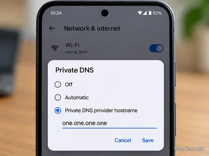Caseta de dialog cu numele de gazdă al furnizorului DNS privat Android care conține one.one.one.one