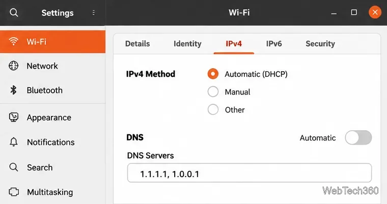 Panoul de rețea Wi-Fi IPv4 Ubuntu cu DNS automat dezactivat și adrese manuale