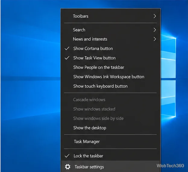 Windows 10 taskbar context menu with the Taskbar settings command visible at the bottom.