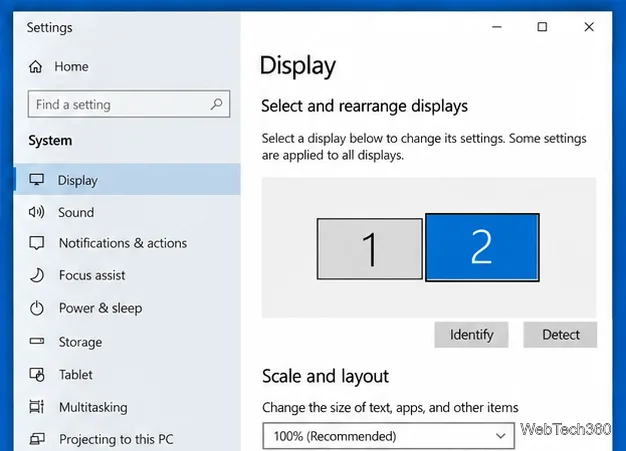 Windows 10 Display settings showing monitor tiles 1 and 2, with monitor 2 selected before its Scale and layout settings.