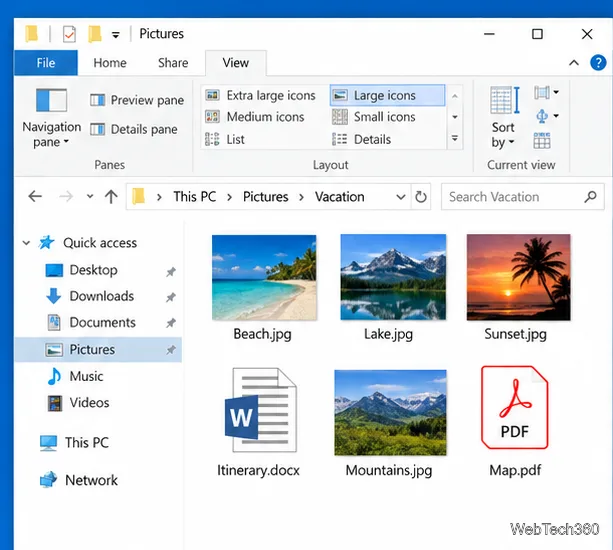 Windows 10 File Explorer with the View ribbon open, showing Extra large icons, Large icons, Medium icons, Small icons, List, and Details layouts.