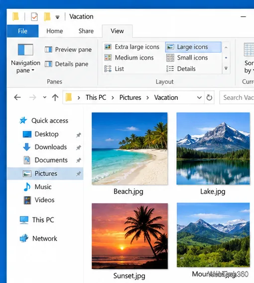 A Pictures folder in Windows 10 File Explorer shown with large photo thumbnails and filenames.
