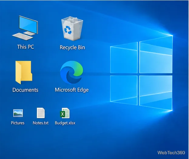 Windows 10 desktop with shortcuts and folders arranged on the blue wallpaper, showing the desktop area used for Ctrl and mouse-wheel resizing.