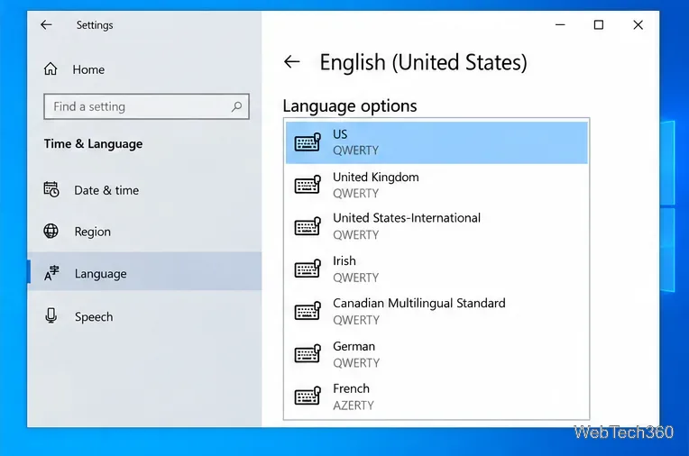 Windows 10 keyboard layout list illustration showing US, United Kingdom, US International, Irish, German, and French layouts
