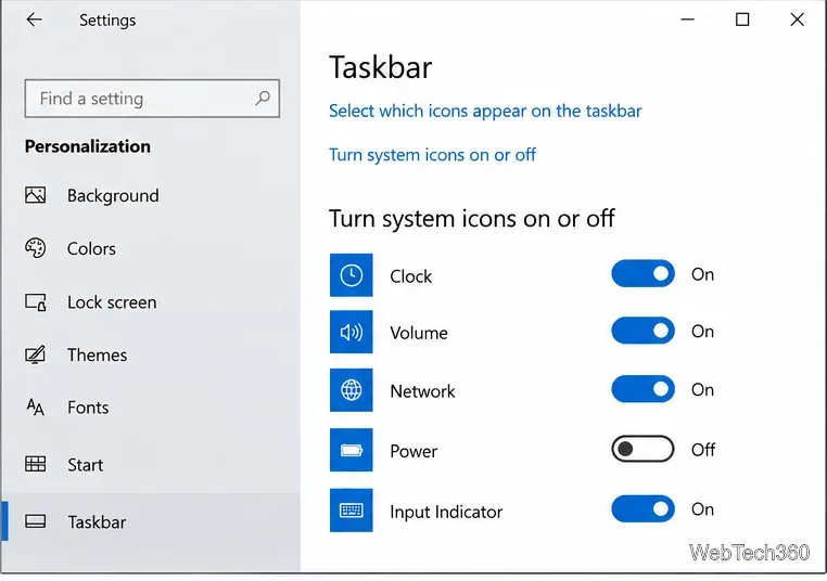 Windows 10 Taskbar settings illustration showing the Input Indicator system icon switched on