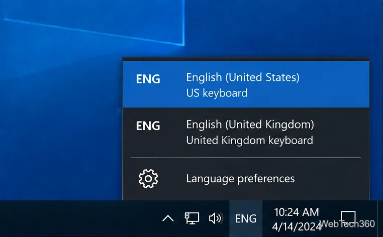 Windows 10 taskbar input menu illustration showing US and United Kingdom keyboard layouts