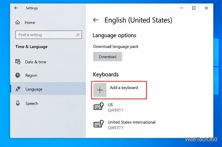 Windows 10 language options illustration highlighting Add a keyboard under Keyboards
