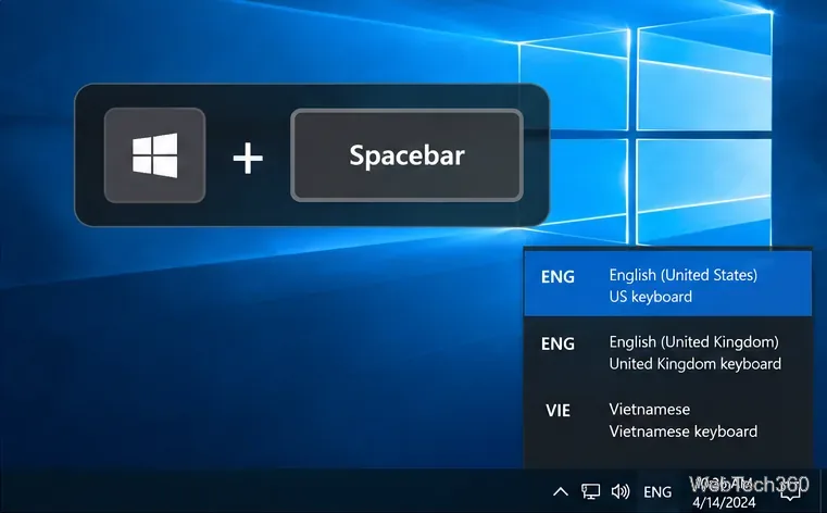 Windows 10 illustration showing the Windows key plus Spacebar shortcut and the keyboard layout picker