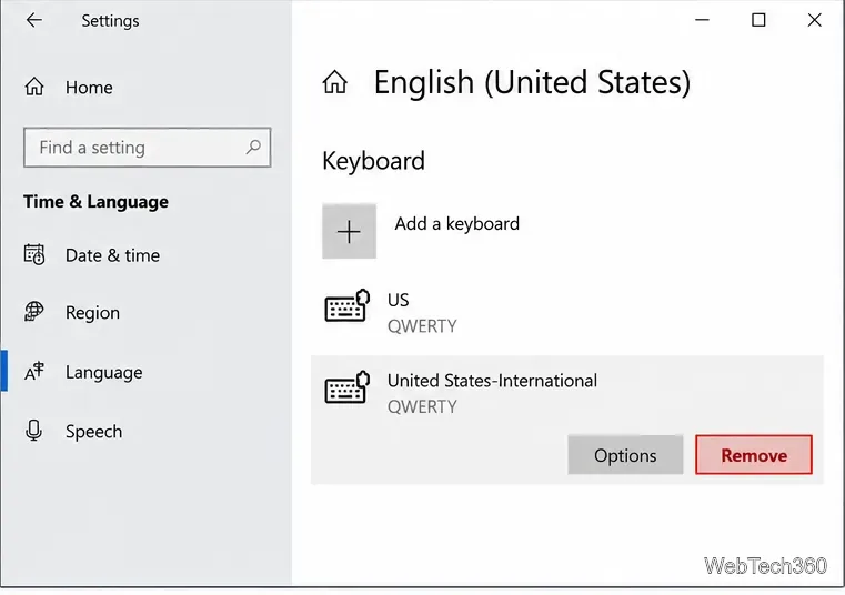 Windows 10 language options illustration showing the Remove button for the United States International keyboard layout