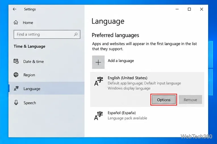Windows 10 Language settings illustration showing English United States with the Options button selected